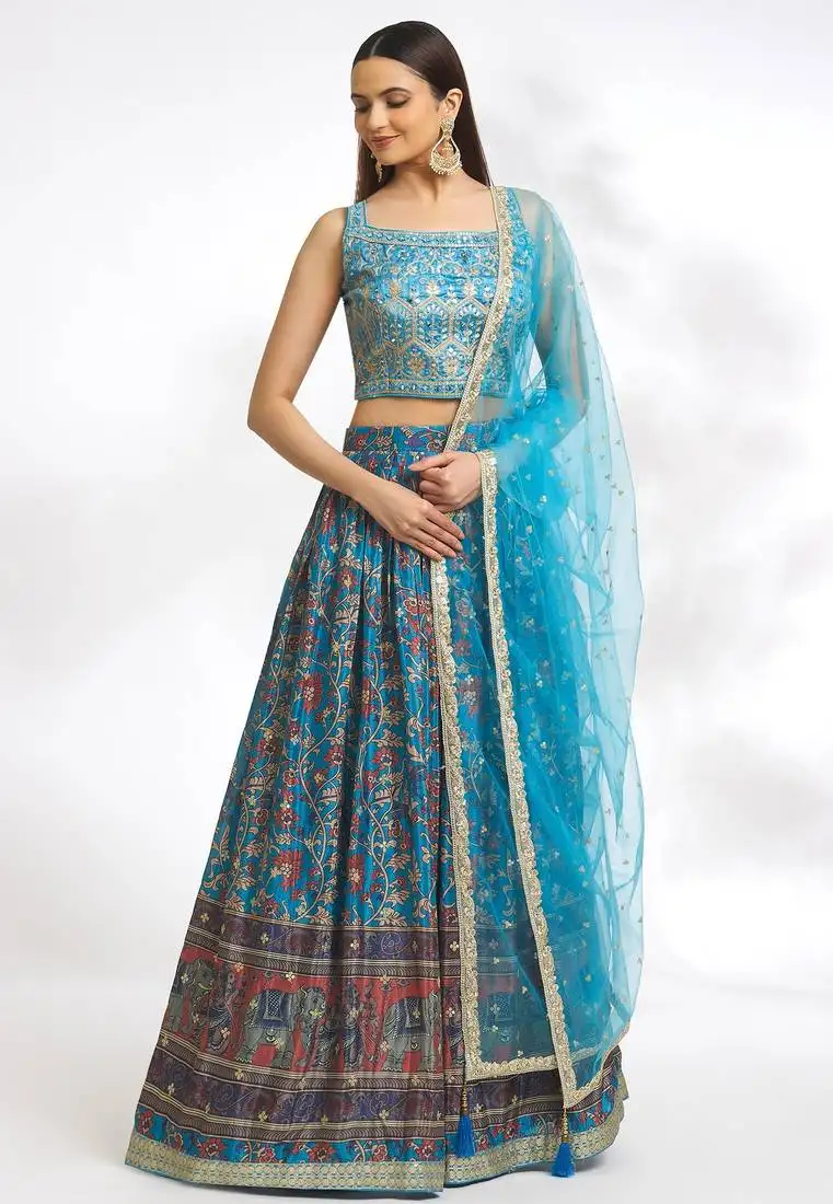 Peacock blue chinon printed lehenga skirt choli festive wear