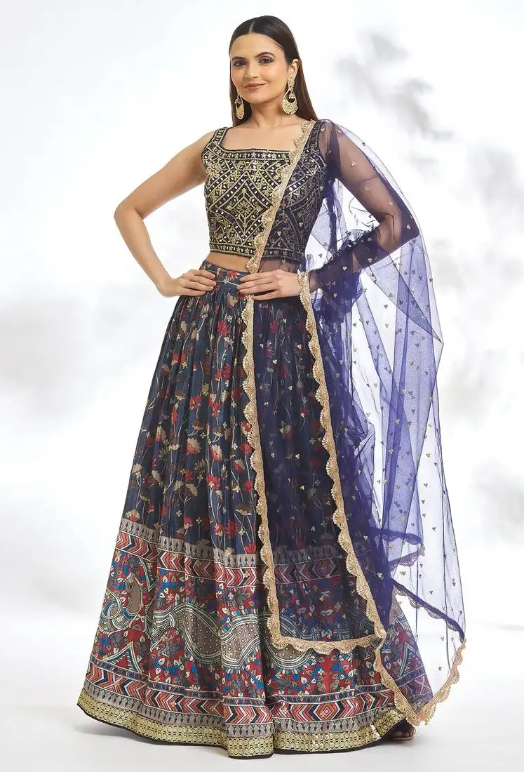 Blue chinon printed lehenga choli festive wear