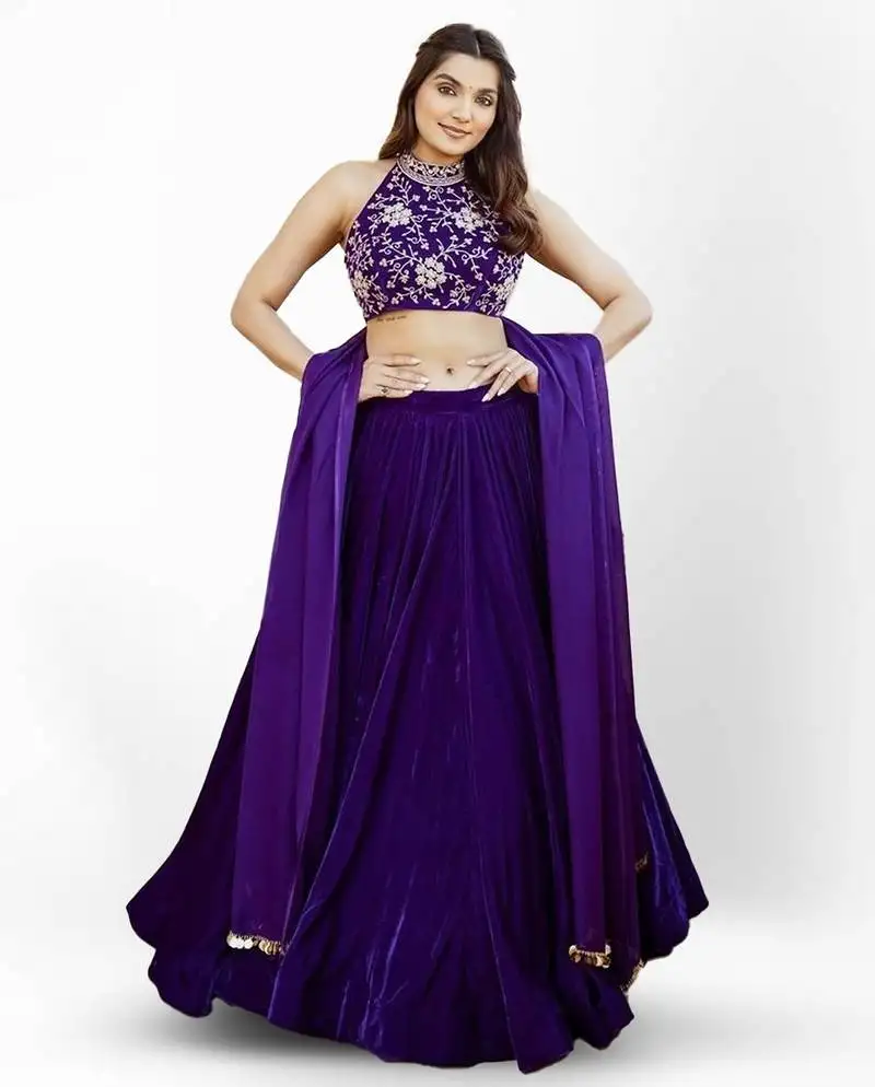 Purple thread & sequins embroidered with velvet fabric semi stitched lehenga choli
