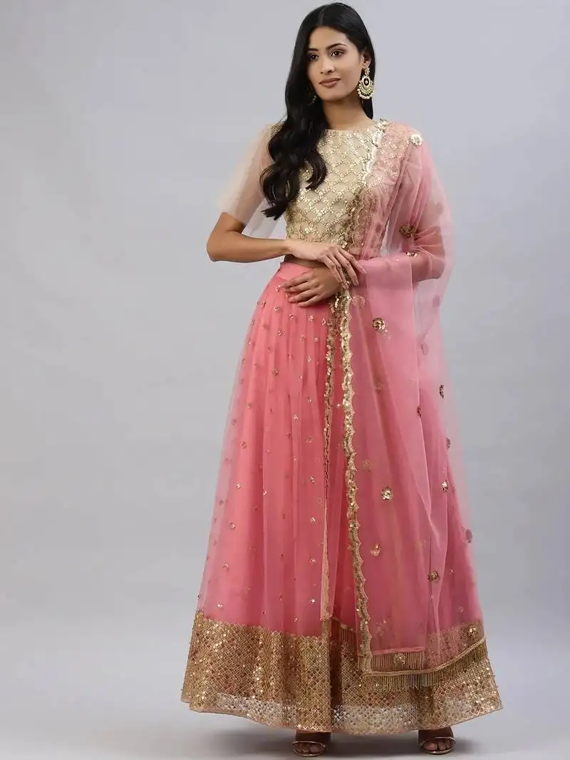 Pink embroidered net lehenga set for wedding