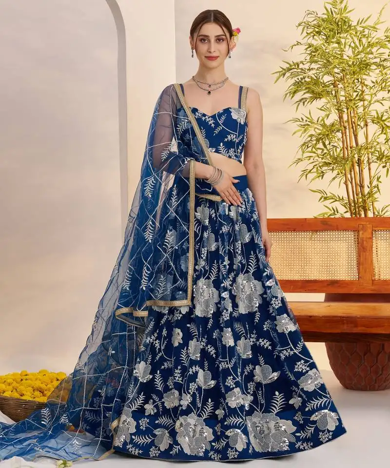 Morpeachblue net with embroidered party wear lehenga choli