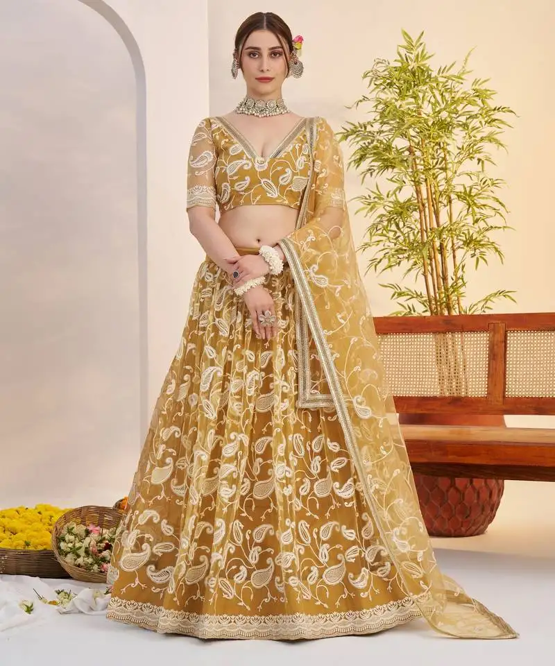 Light golden net with embroidered party wear lehenga choli