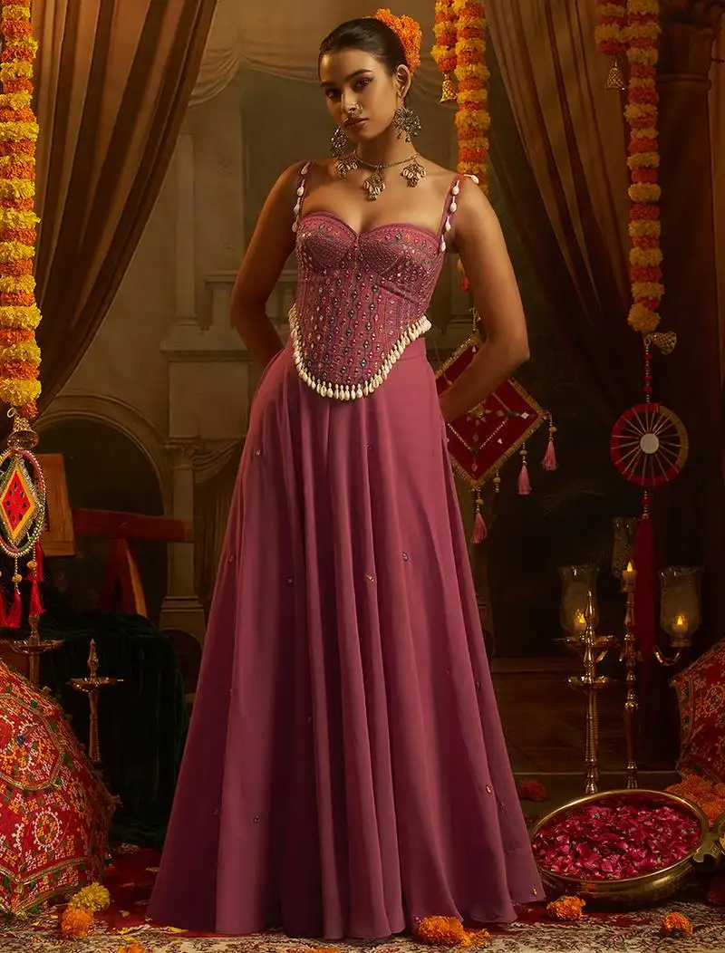 Pink georgette embroidered corset top with palazzo