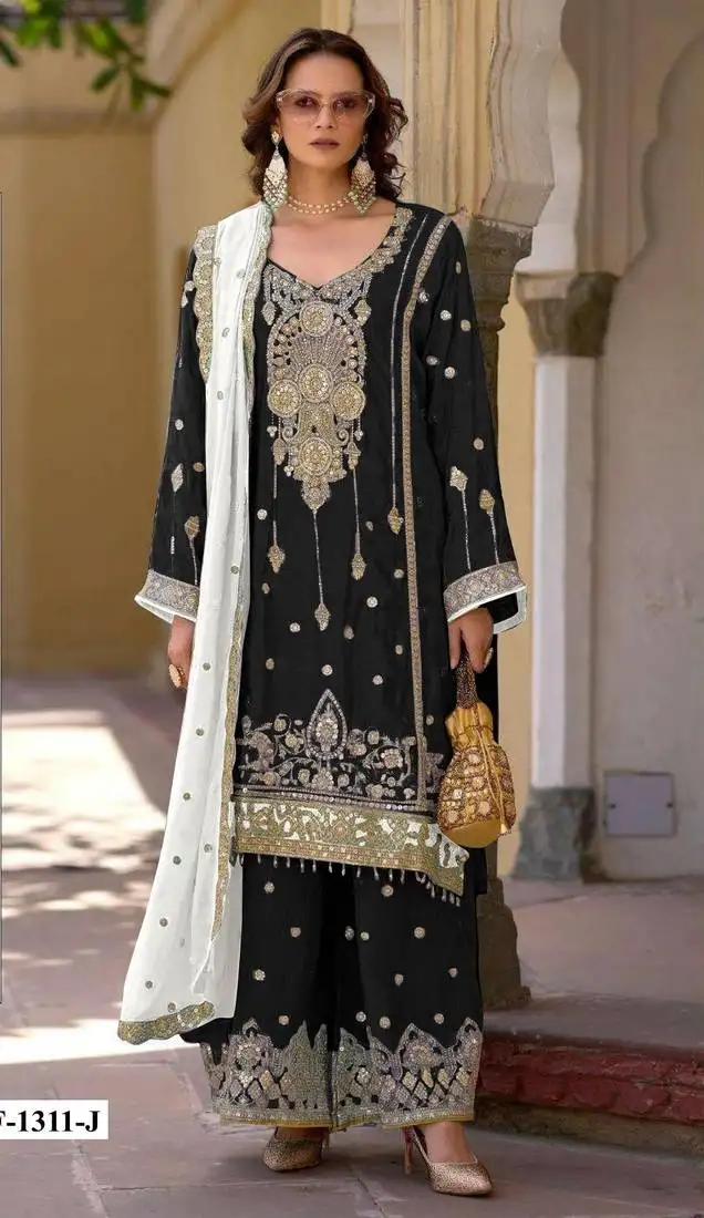 Black heavy chinon semi stitched suit with embroidery bits work