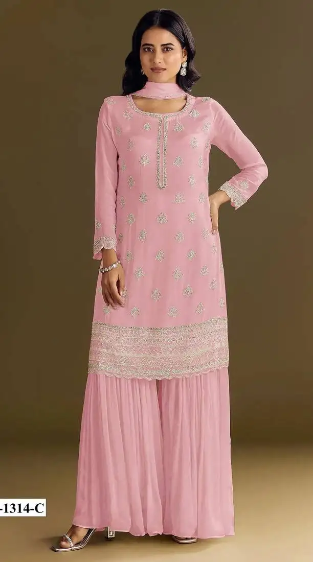 Baby pink heavy chinon semi stitched suit with embroidery bits work