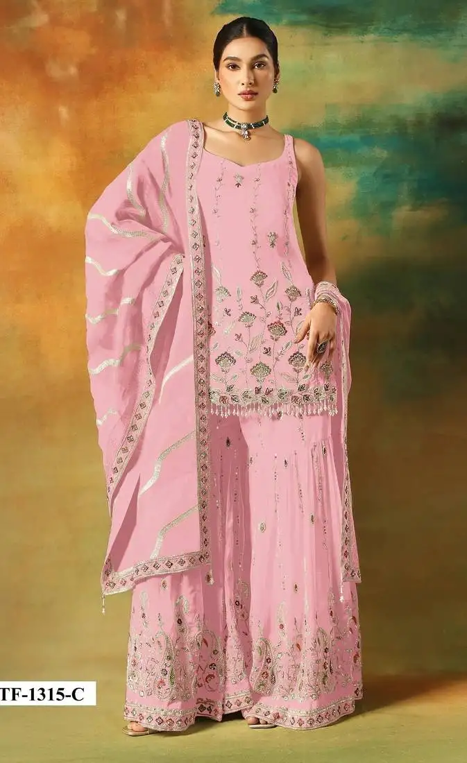 Baby pink heavy fox georgette semi stitched suit with embroidery work
