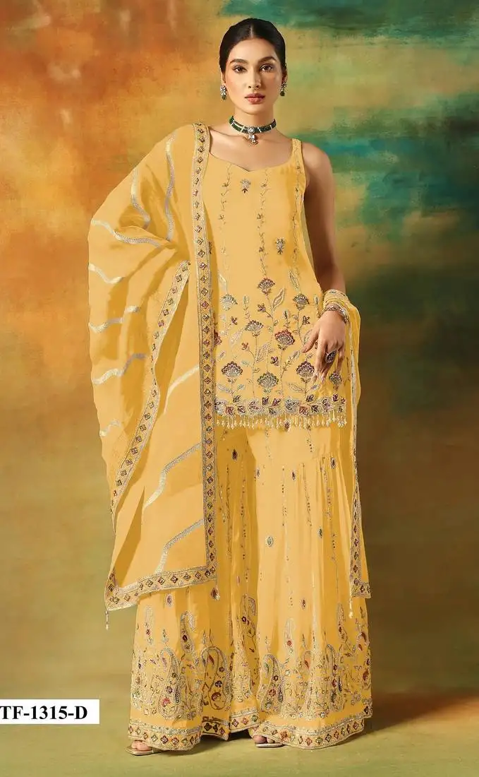 Yellow heavy fox georgette semi stitched suit with embroidery work