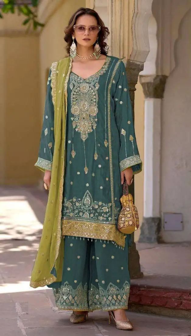 Aqua blue embroidered chinon semi-stitched palazzo style salwar suit semi stitched