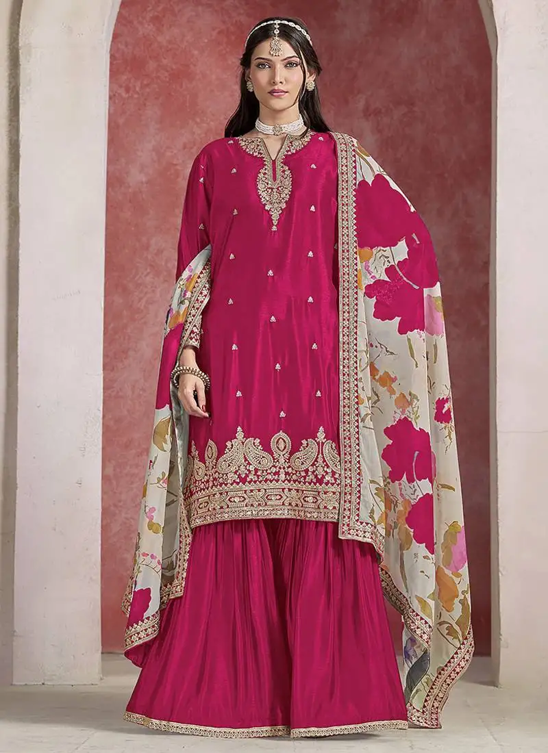 Rani pink embroidered chinon sharara-full stitched free size