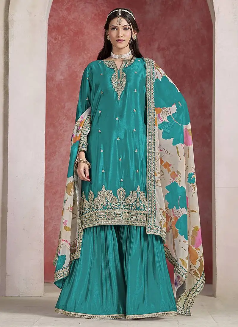 Teal blue embroidered chinon sharara-full stitched free size
