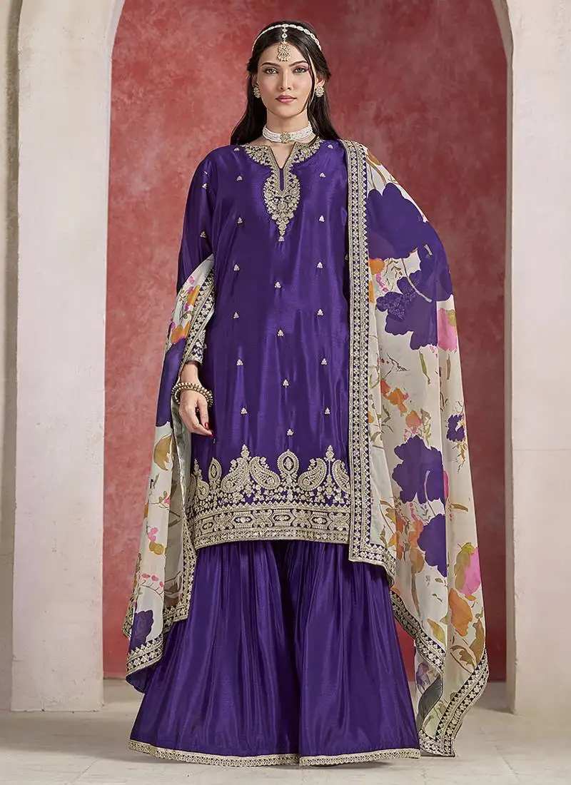 Purple embroidered chinon sharara-full stitched free size