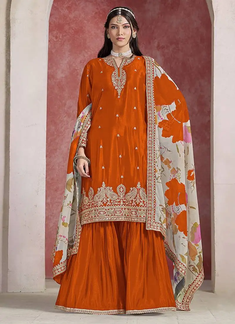 Orange embroidered chinon sharara-full stitched free size