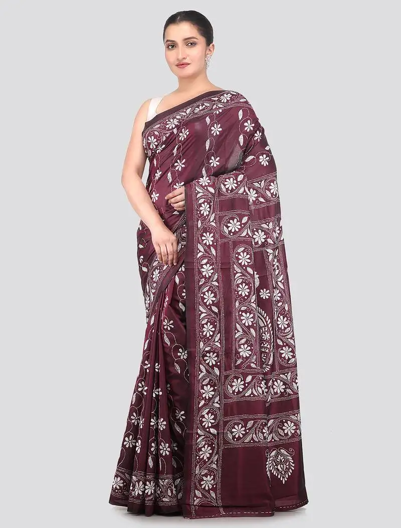 Wine handloom silk embroidered katha stitch work saree with blouse piece