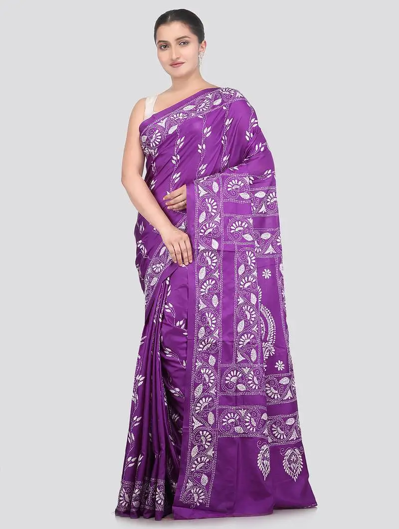 Violet handloom silk embroidered katha stitch work saree with blouse piece