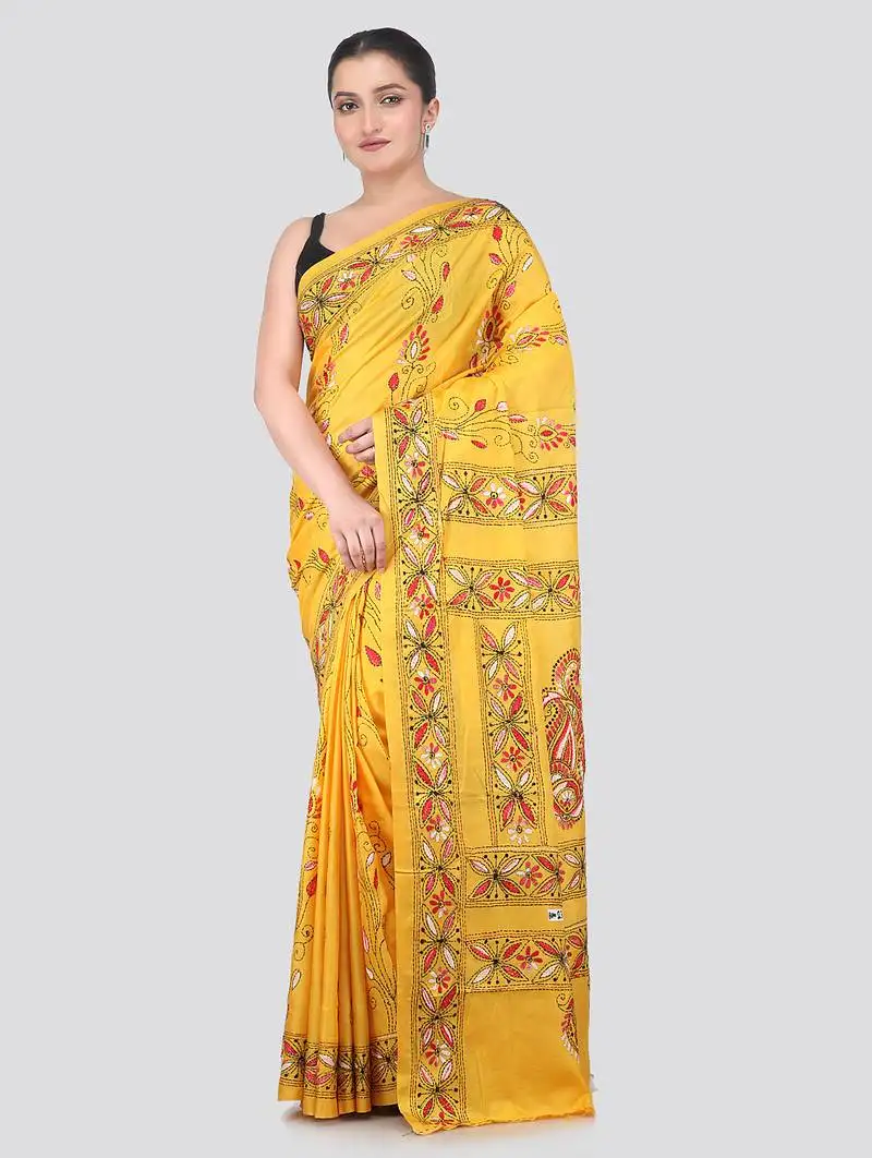 Yellow handloom silk embroidered katha stitch work saree with blouse piece