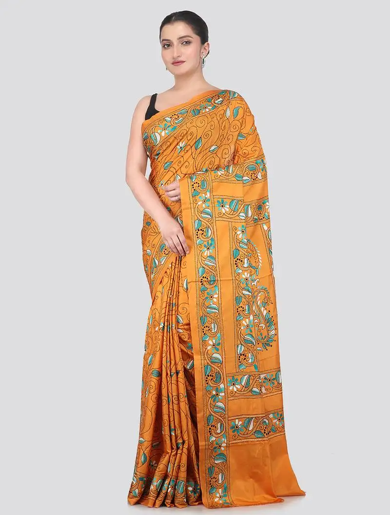 Orange handloom silk embroidered katha stitch work saree with blouse piece