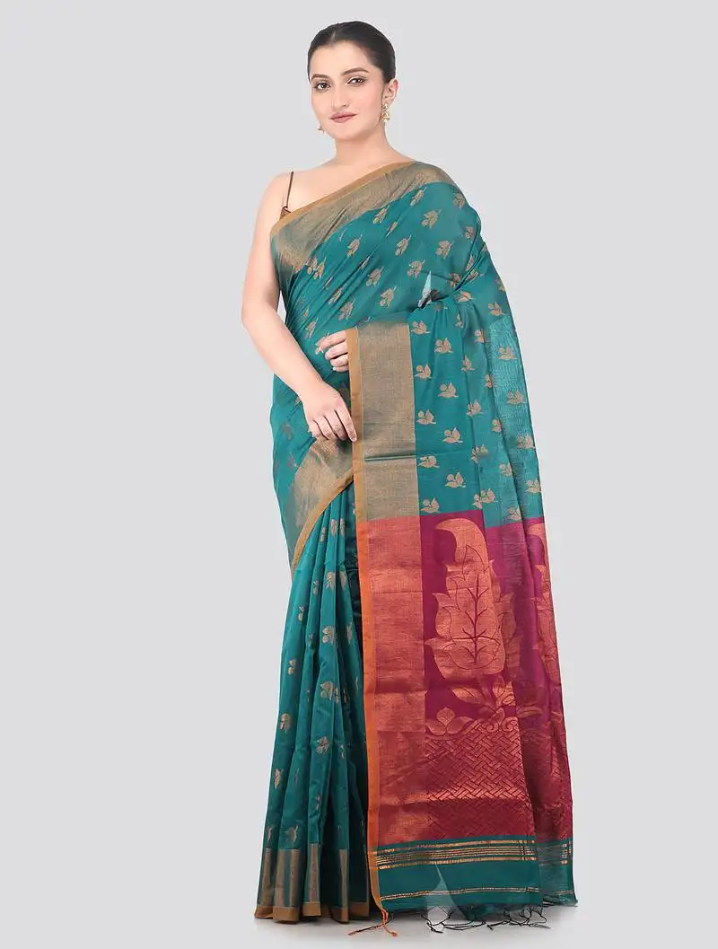 Sea green handloom cotton bleand saree with blouse piece