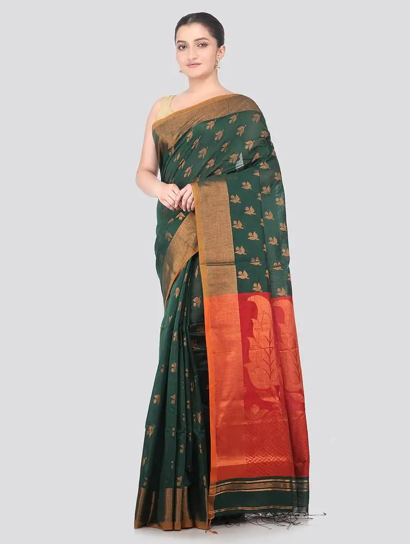 Green handloom cotton bleand saree with blouse piece