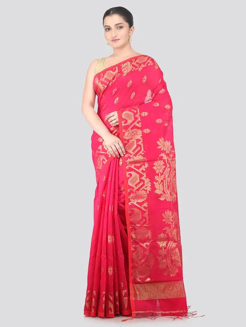 Pink handloom cotton bleand saree with blouse piece