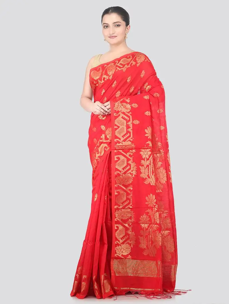Red handloom cotton bleand saree with blouse piece