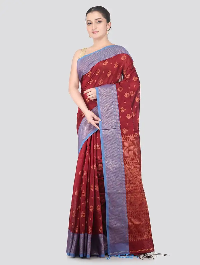 Maroon handloom cotton bleand saree with blouse piece