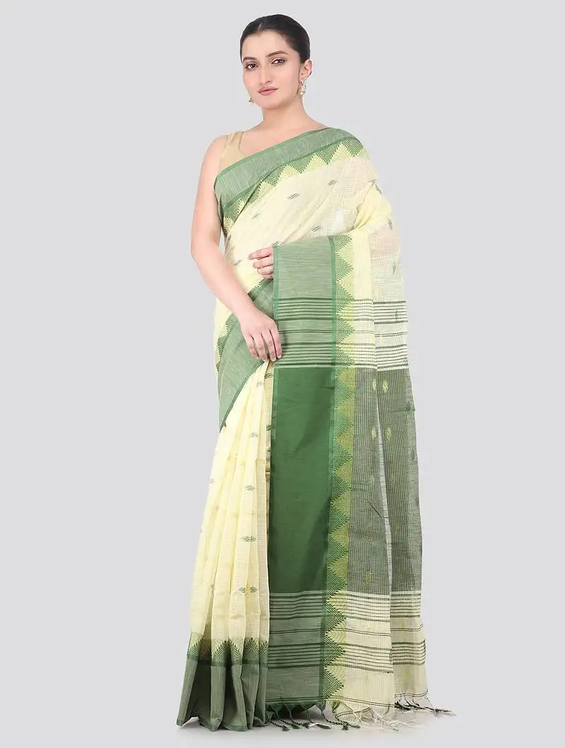 Off white handloom cotton bleand saree with blouse piece