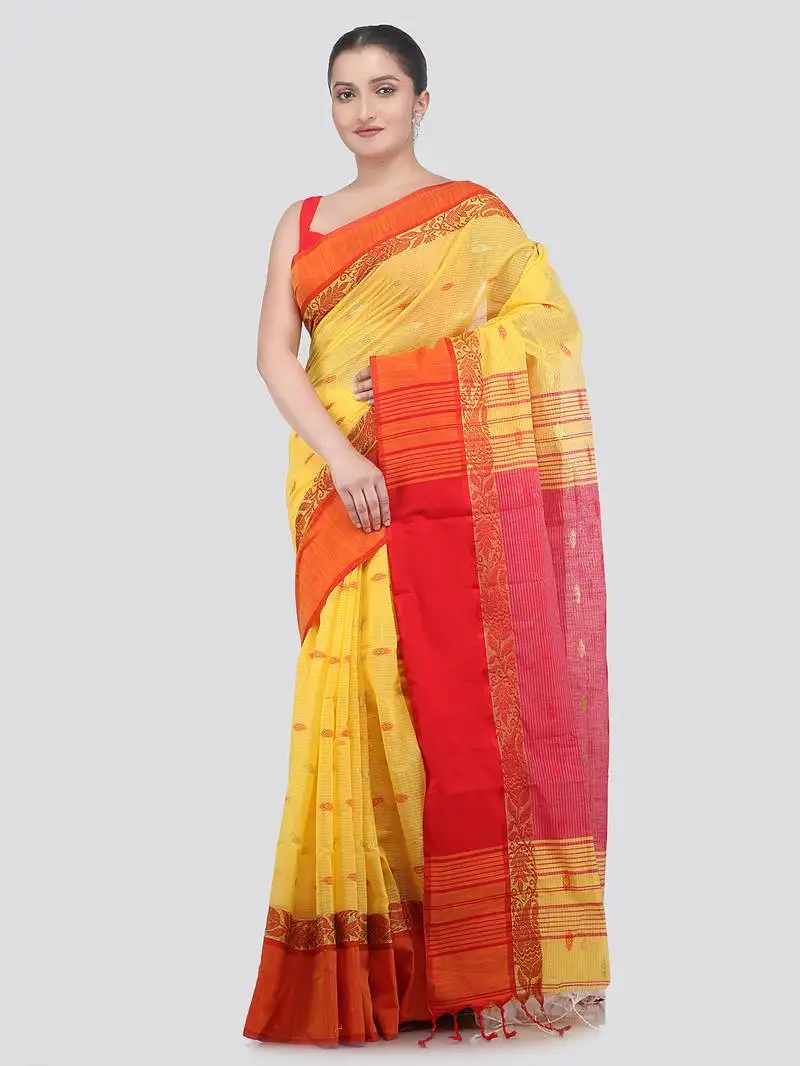Yellow handloom cotton bleand saree with blouse piece