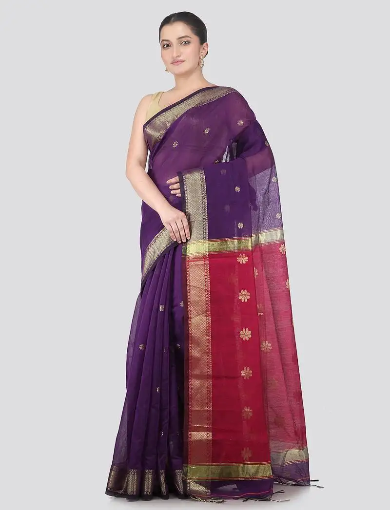 Purple handloom cotton bleand saree with blouse piece