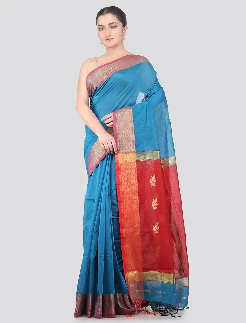 Turquoise handloom cotton bleand saree with blouse piece