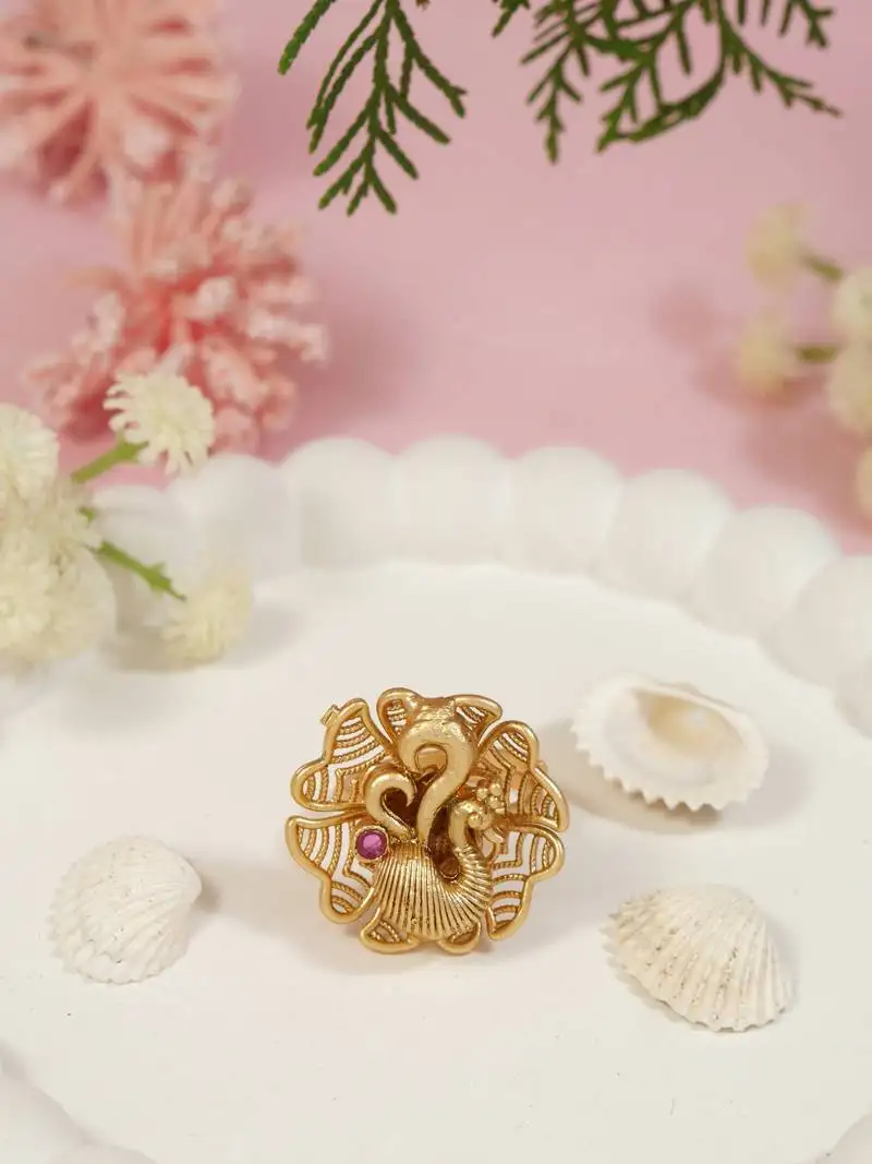Gold plated traditional peacock design comfort fit finger ring for women
