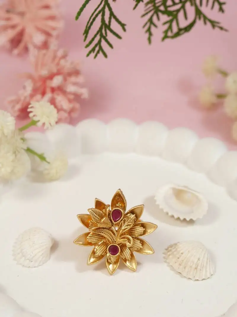 Gold plated traditional floral design comfort fit finger ring for women