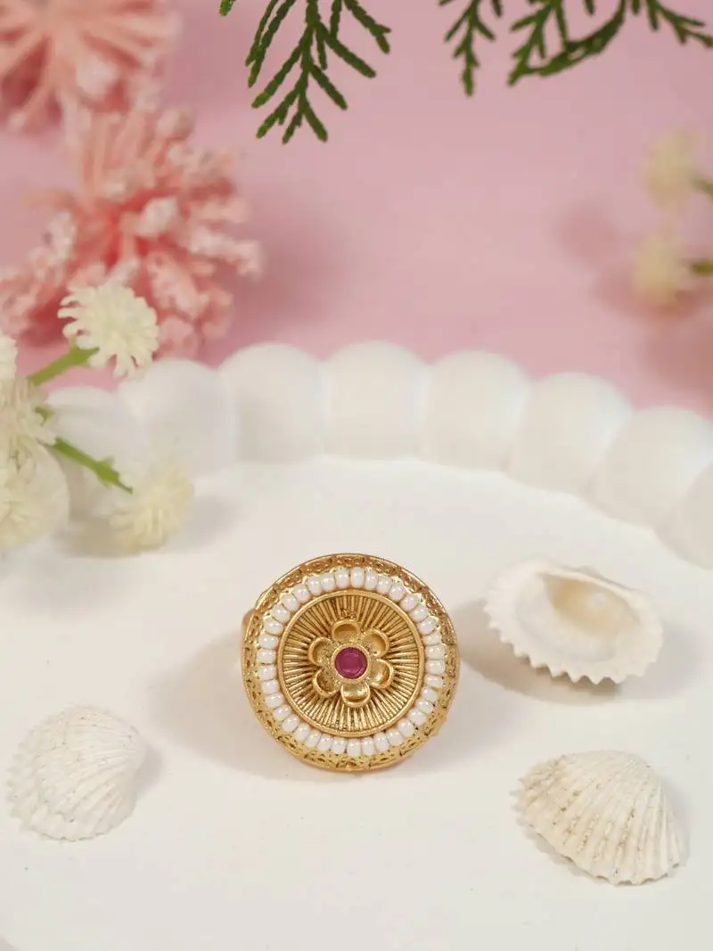 Gold plated traditional floral design with pearl comfort fit finger ring for women