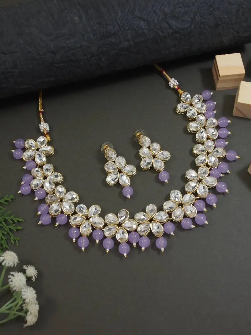 Gold plated traditional handcrafted stone choker necklace jewellery set with earrings for women