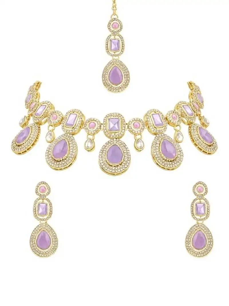 Traditional kundan & stone choker necklace jewellery with earrings & maang tikka set for women::Girls