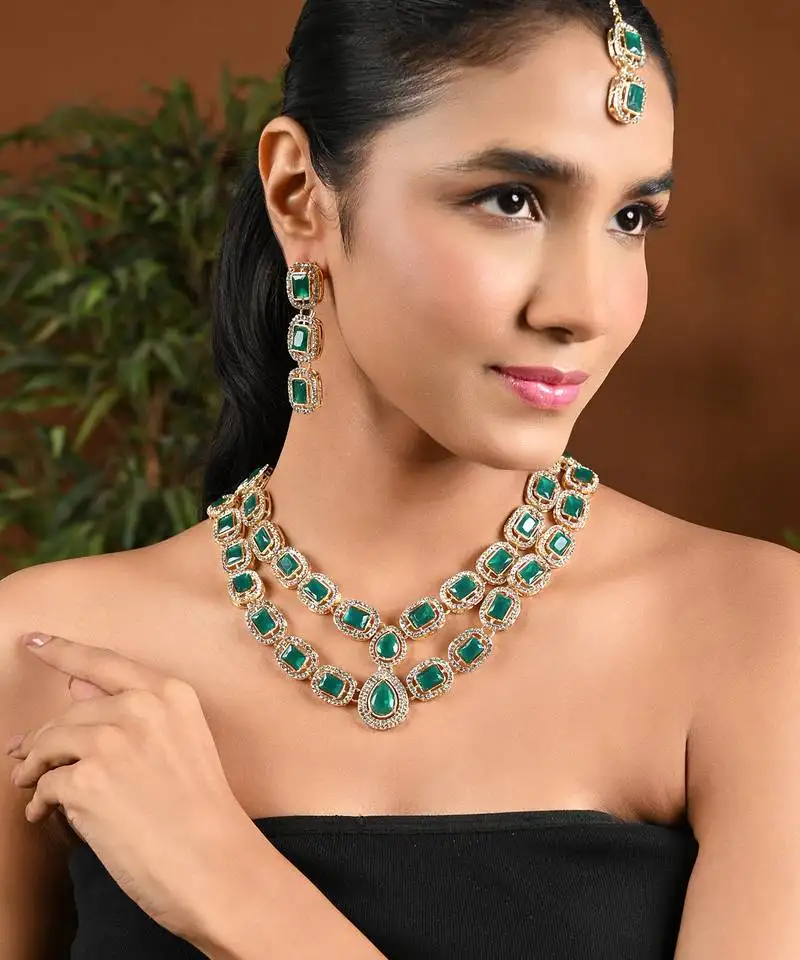 Gold plated traditional stone special necklace with earring & maang tikka set for women