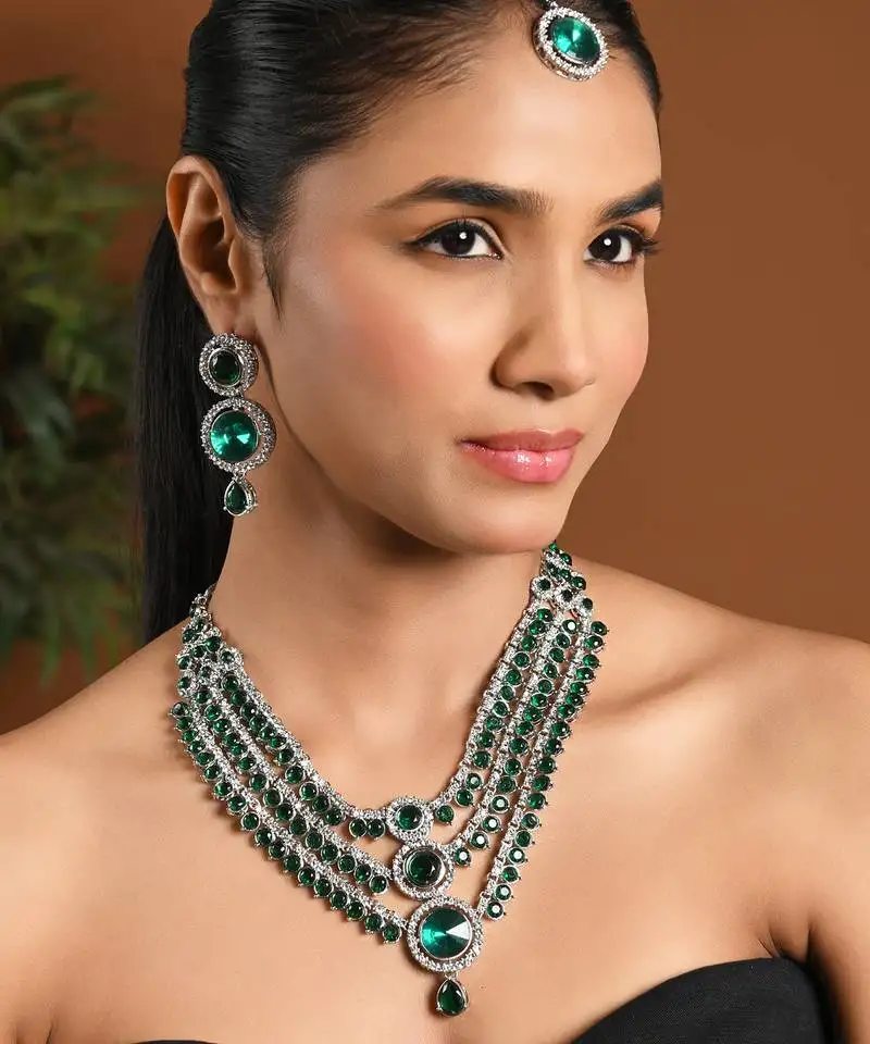 Gold plated traditional multi-layer round stone necklace jewellery with earrings & maang tikka set for women