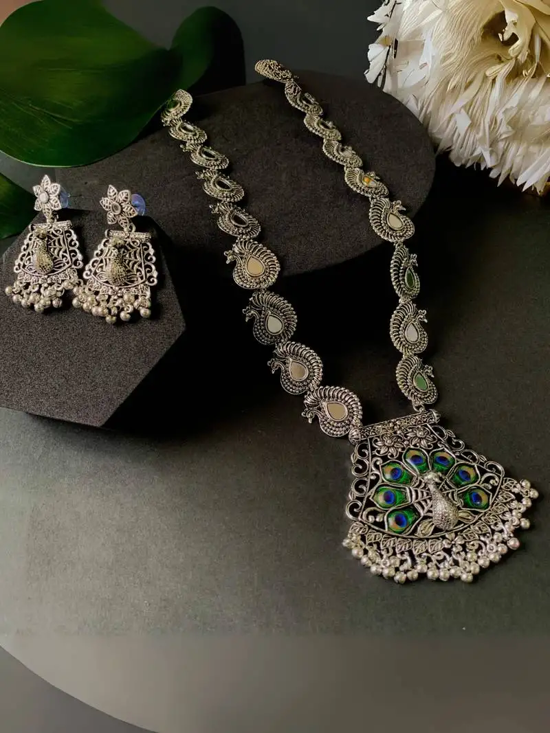 Navratri ethnic silver oxidised ghungroo long necklace jewellery with jhumka earrings set for women::Girls