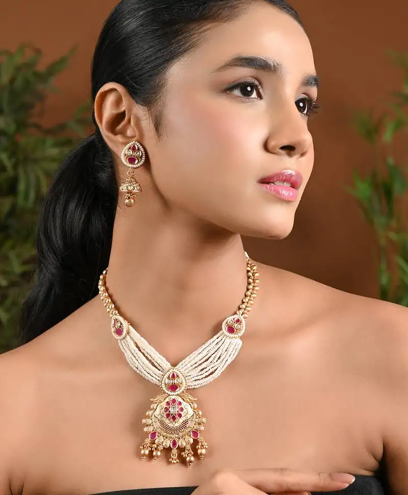 Gold plated traditional antique brass layered bead motif pearl necklace with earring jewellery set for women