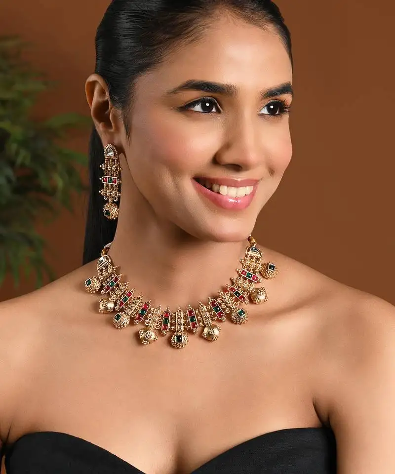 Gold plated traditional antique pearl necklace with earring jewellery set for women