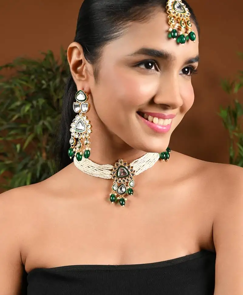 Gold plated latest fashion stylish multi layered choker necklace jewellery set for women