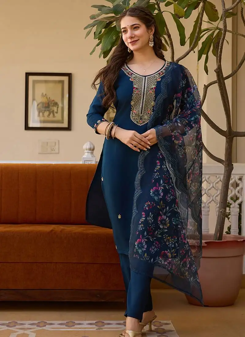 Navy blue viscose silk beads work desginer suit stitched