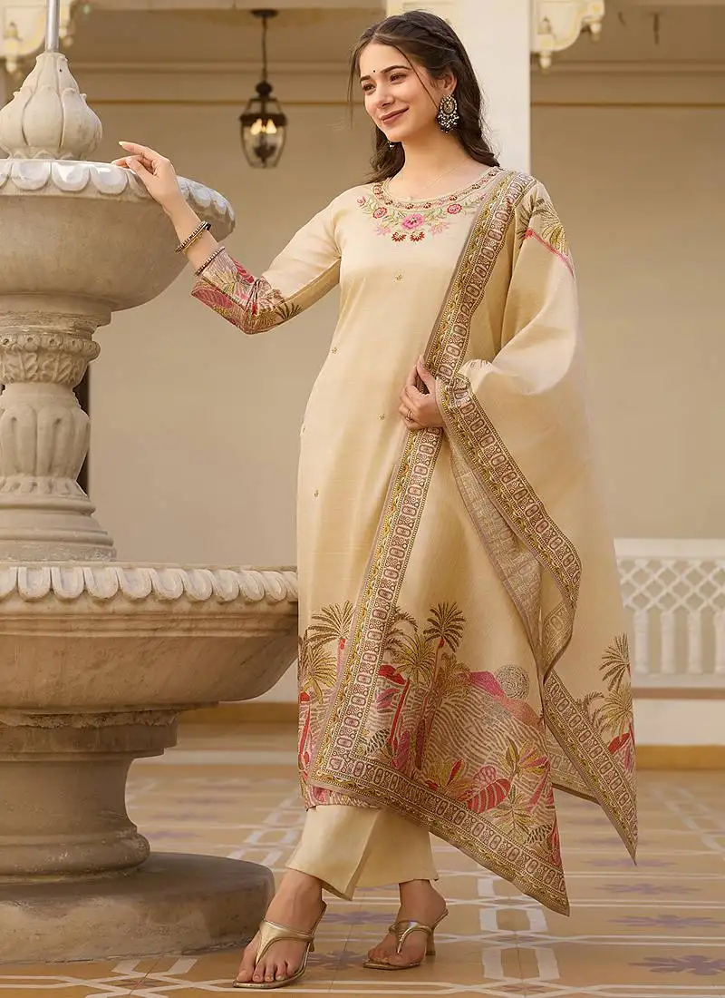 Cream viscose silk beads work desginer suit stitched