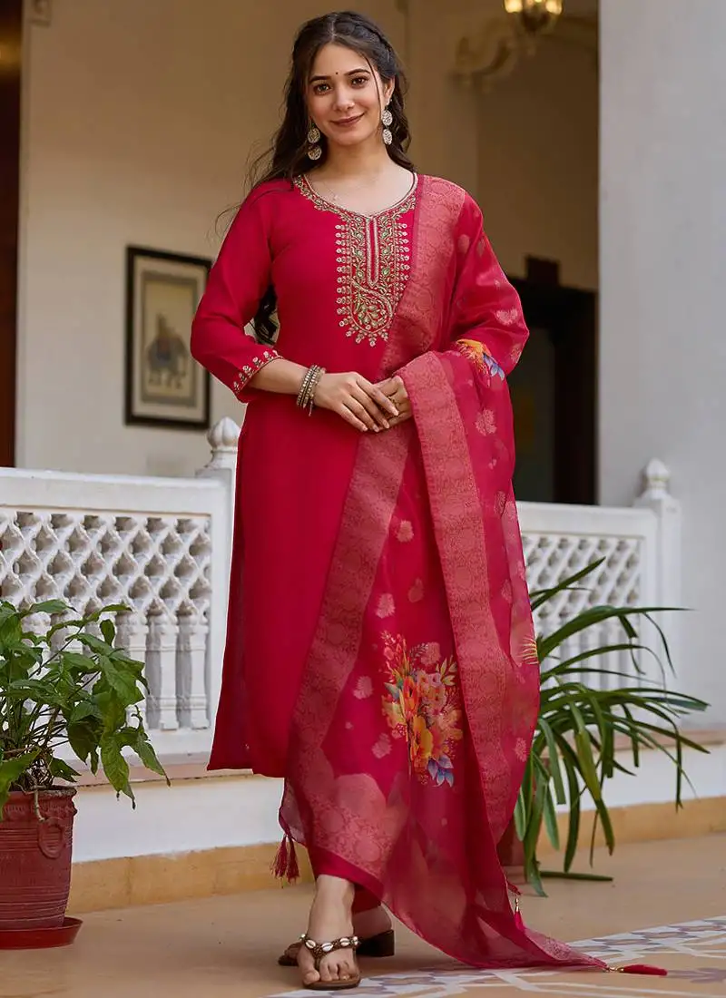 Red viscose silk beads work desginer suit stitched