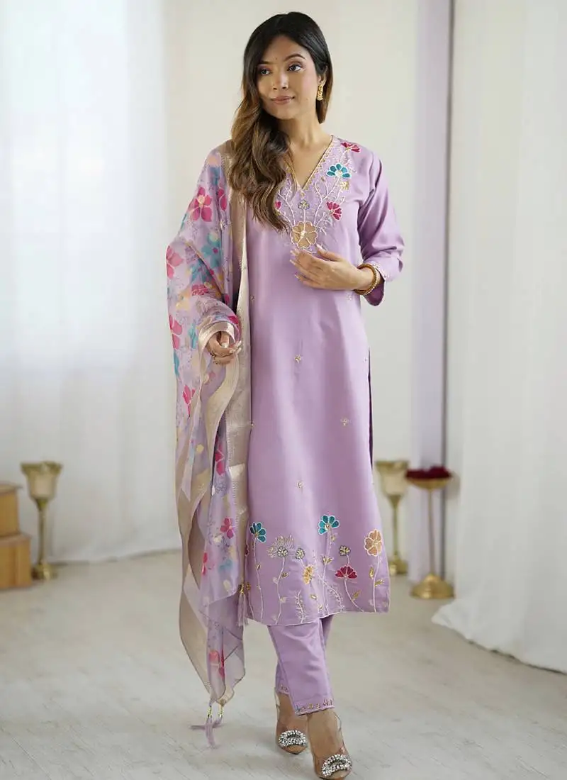 Lavender viscose silk beads work desginer suit stitched