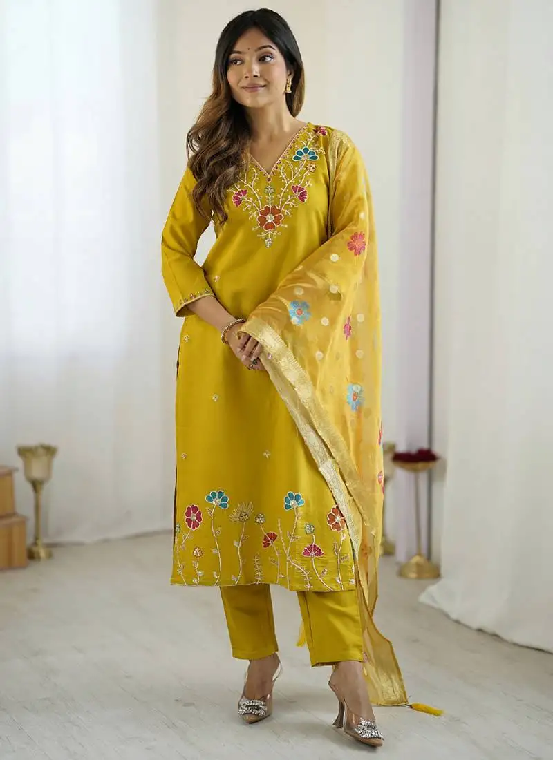 Yellow viscose silk beads work desginer suit stitched