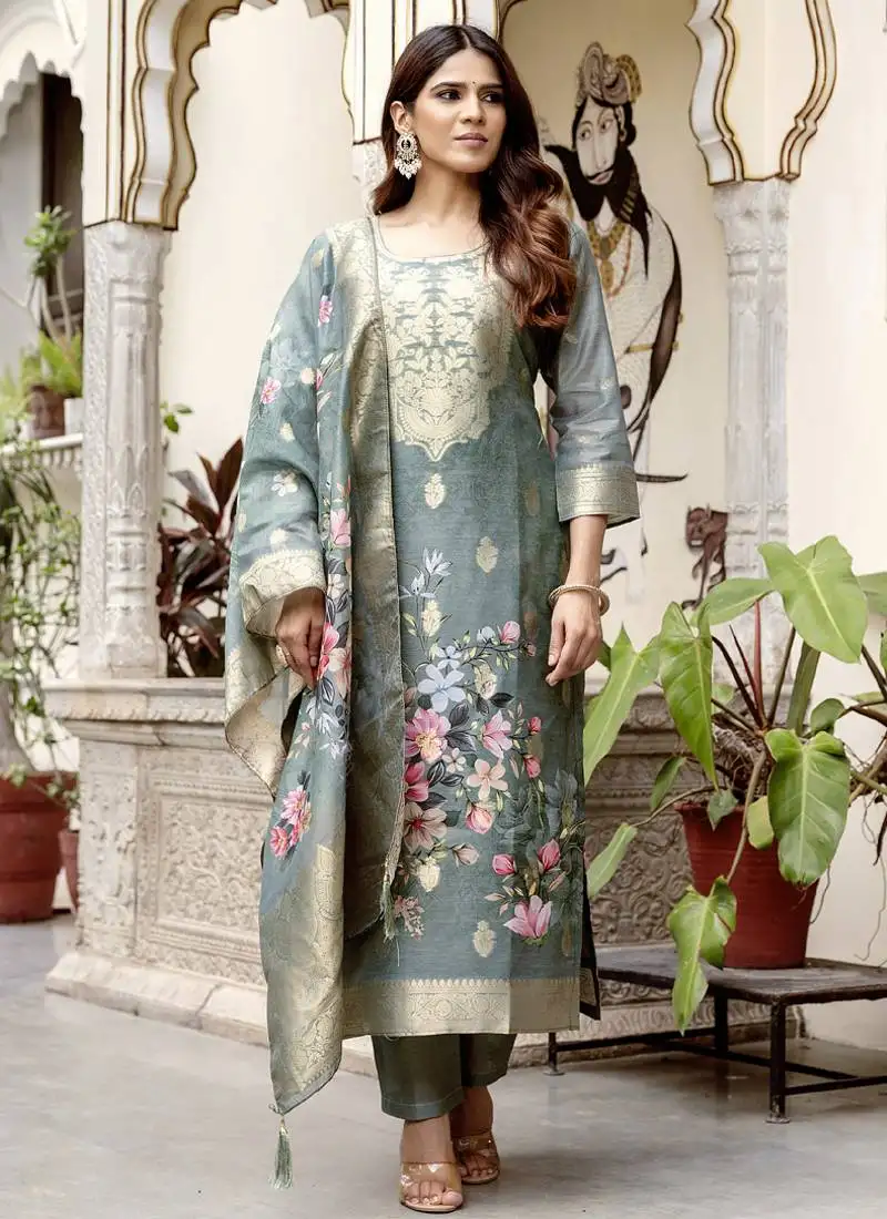 Light grey viscose silk beads work desginer suit stitched