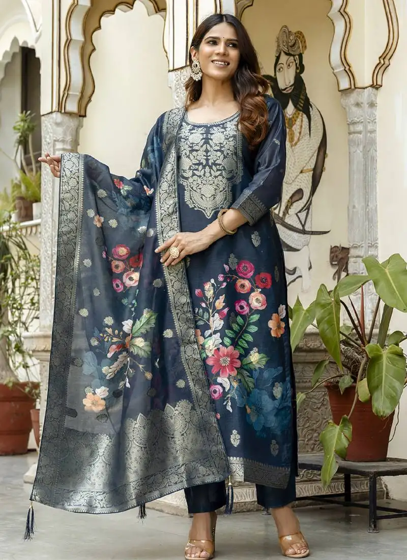 Grey viscose silk beads work desginer suit stitched
