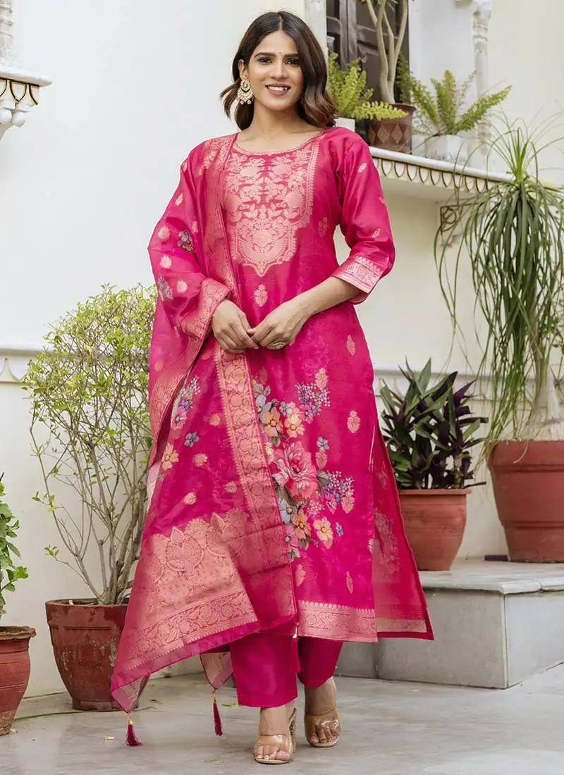 Pink viscose silk beads work desginer suit stitched