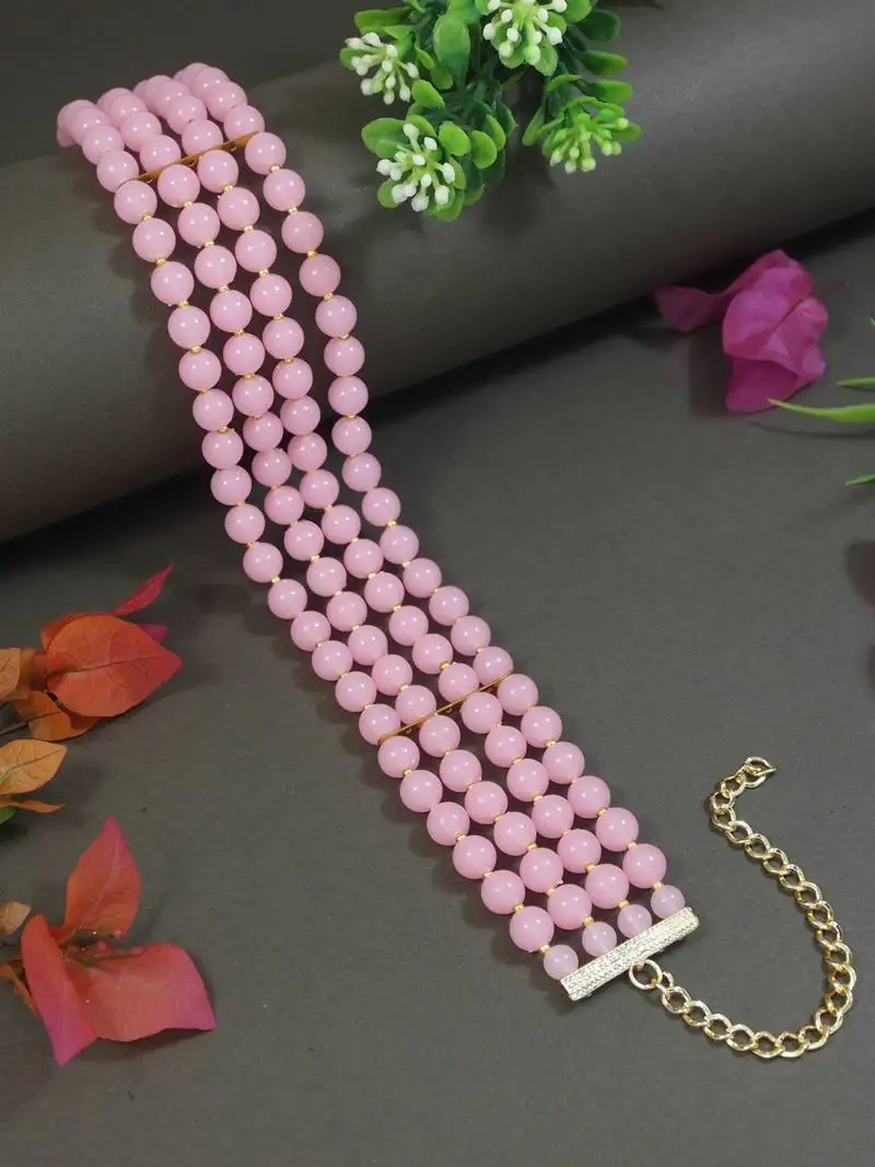 Gold plated pink pearl beaded stylish moti choker necklace for women