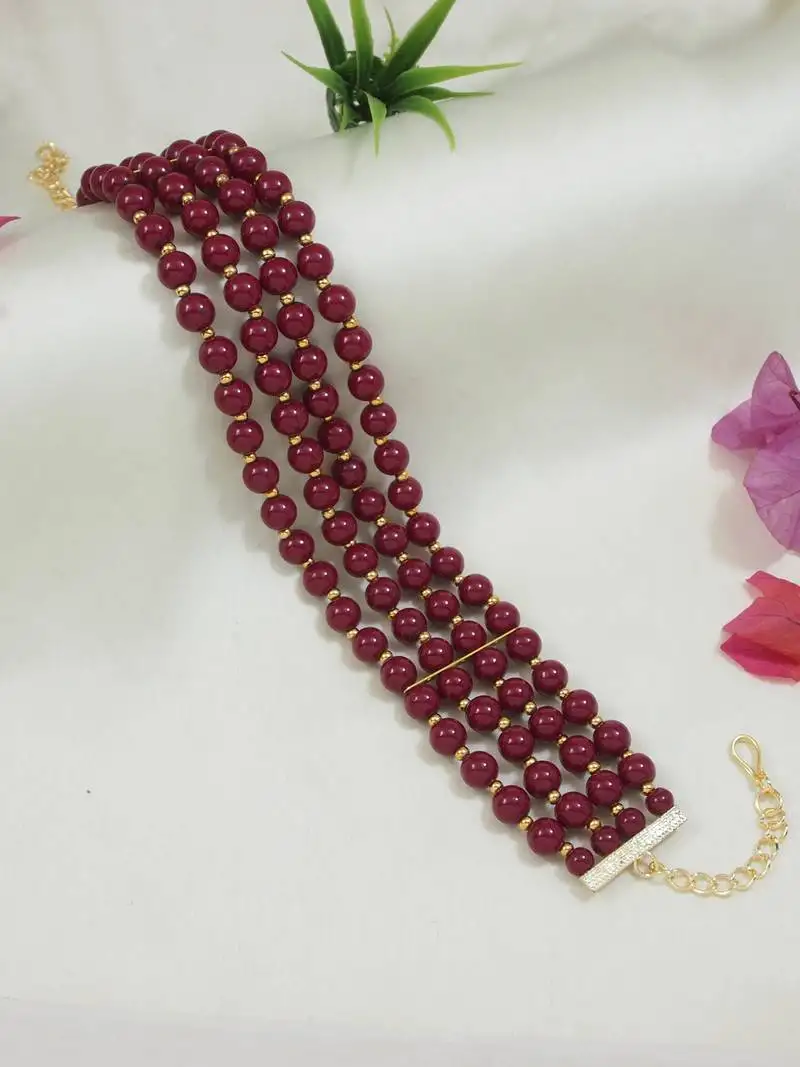 Gold plated maroon pearl beaded stylish moti choker necklace for women